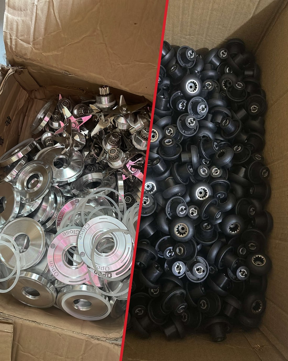 Cartons de pièces neuves : lames 8 dents, cerceaux Open/Close et joints d'un côté, têtes de champignon noires de l'autre