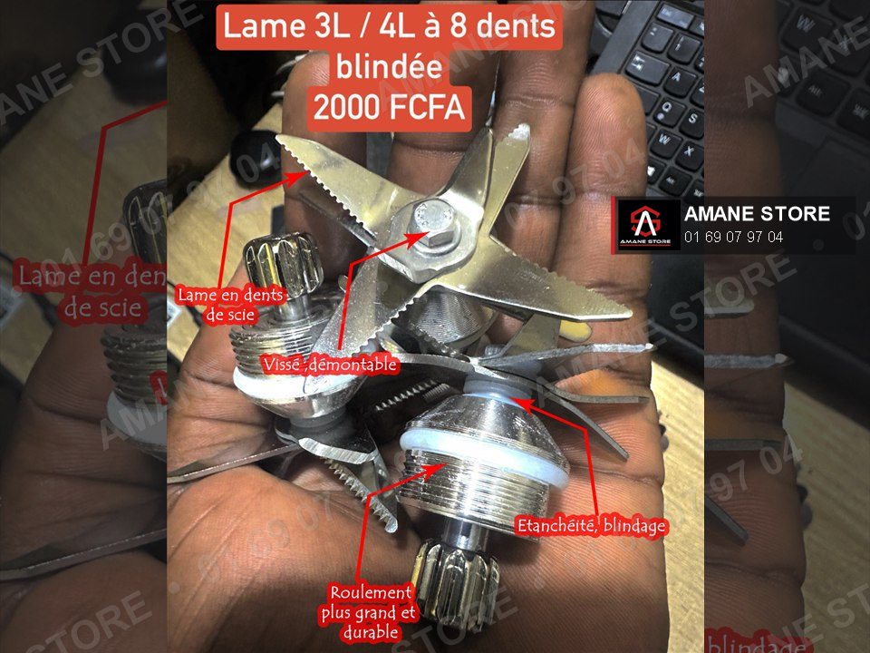 Lame blindée 8 dents longue pour grand bocal, avec ses points forts annotés